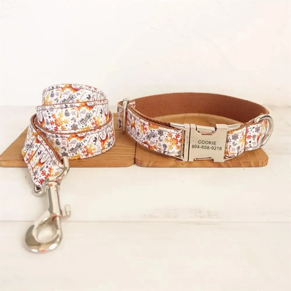 Personalized Dog Collar with Free Engraving | Customzied Metal Buckle Christmas Snowflower Collar and Leash Set