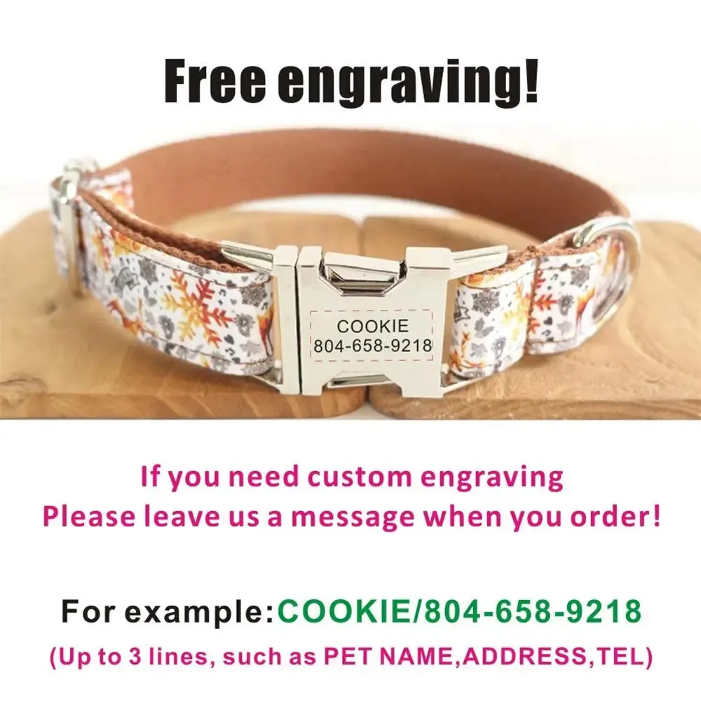 Personalized Dog Collar with Free Engraving | Customzied Metal Buckle Christmas Snowflower Collar and Leash Set
