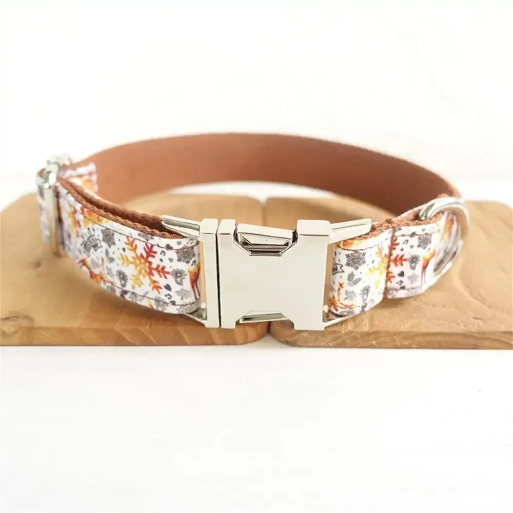 Personalized Dog Collar with Free Engraving | Customzied Metal Buckle Christmas Snowflower Collar and Leash Set
