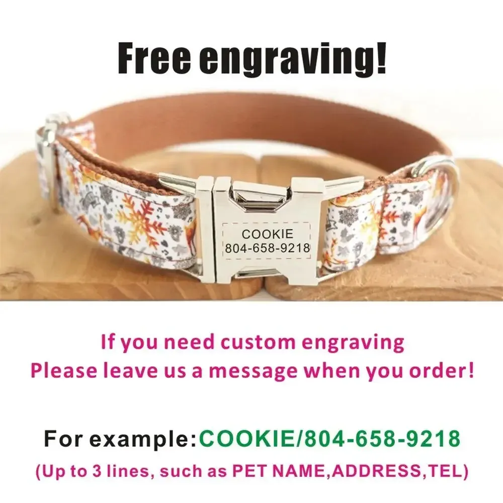 Personalized Dog Collar with Free Engraving | Customzied Metal Buckle Christmas Snowflower Collar and Leash Set