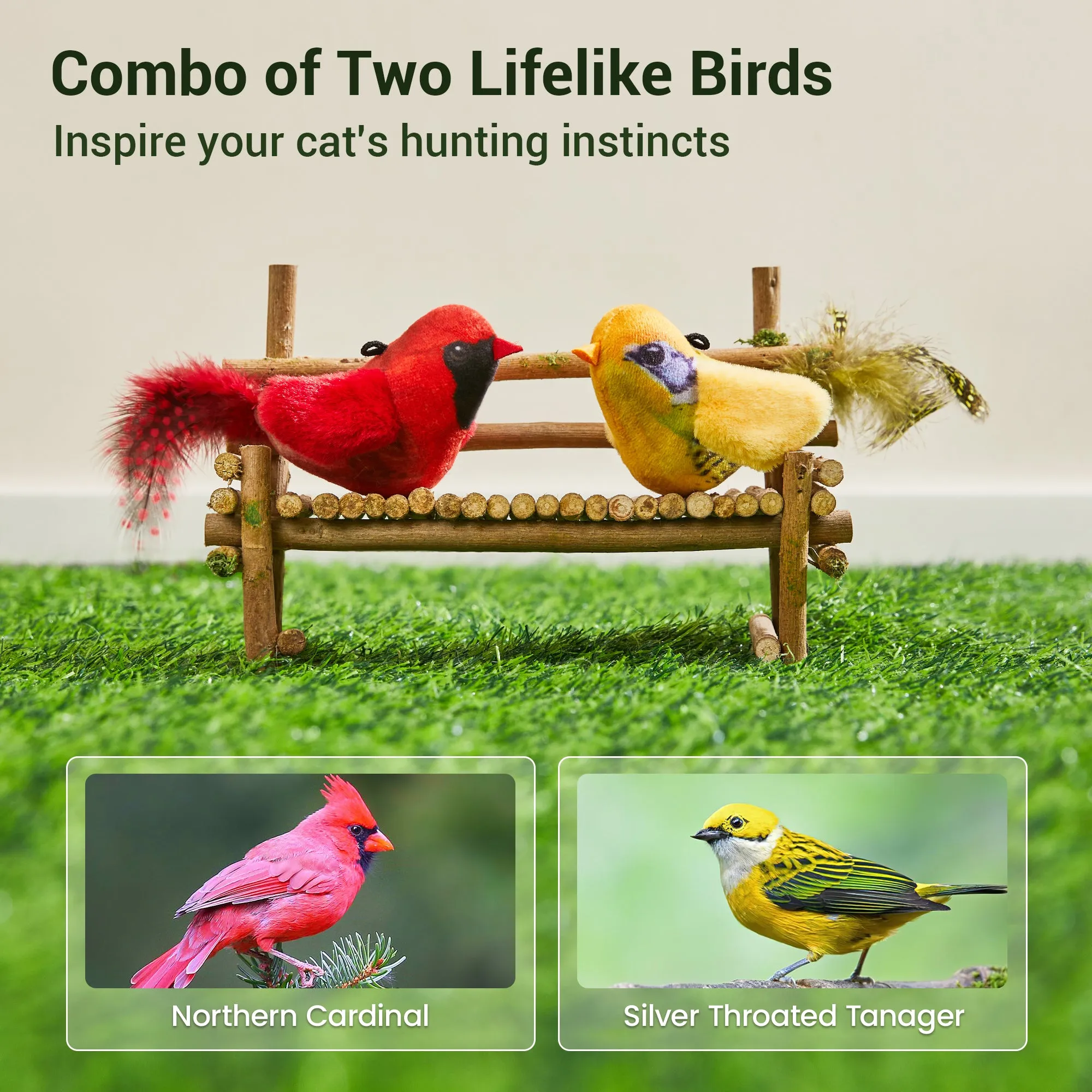 Potaroma Chirping Birds Cat Toys 2 Pcs: Northern Cardinal & Silver-throated Tanager