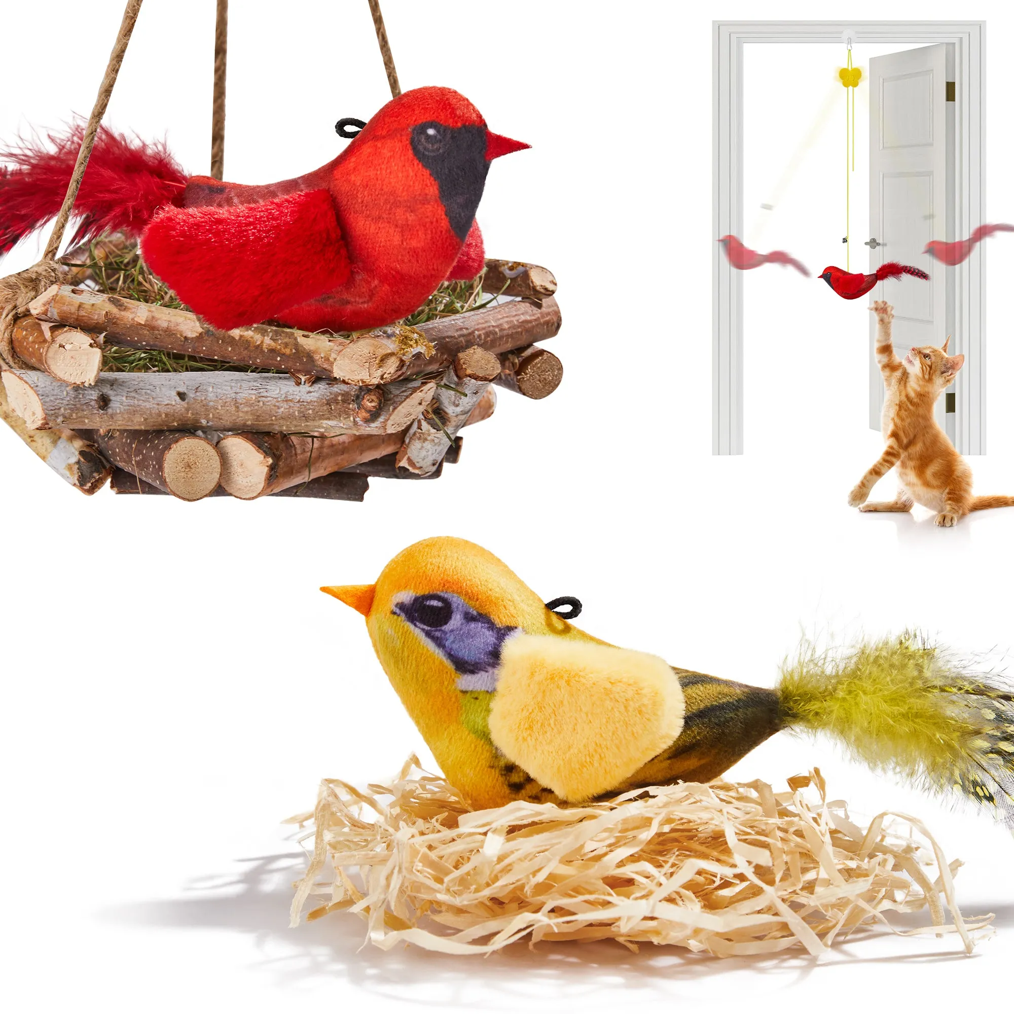 Potaroma Chirping Birds Cat Toys 2 Pcs: Northern Cardinal & Silver-throated Tanager